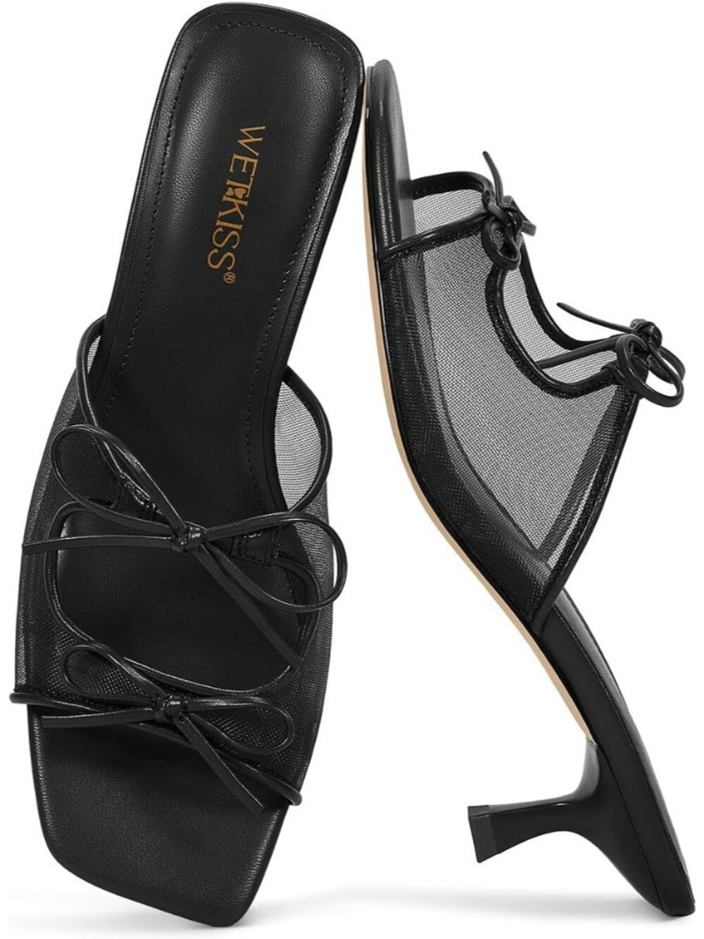Women's Versatile Black Mesh Comfortable Fashionable Bow Kitten Heeled Sandals